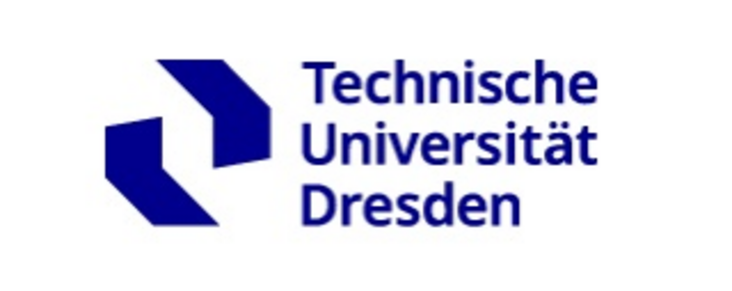TU Dresden-Logo. Geometrische Formen neben dem Schriftzug "Technische Universität Dresden" in blau.